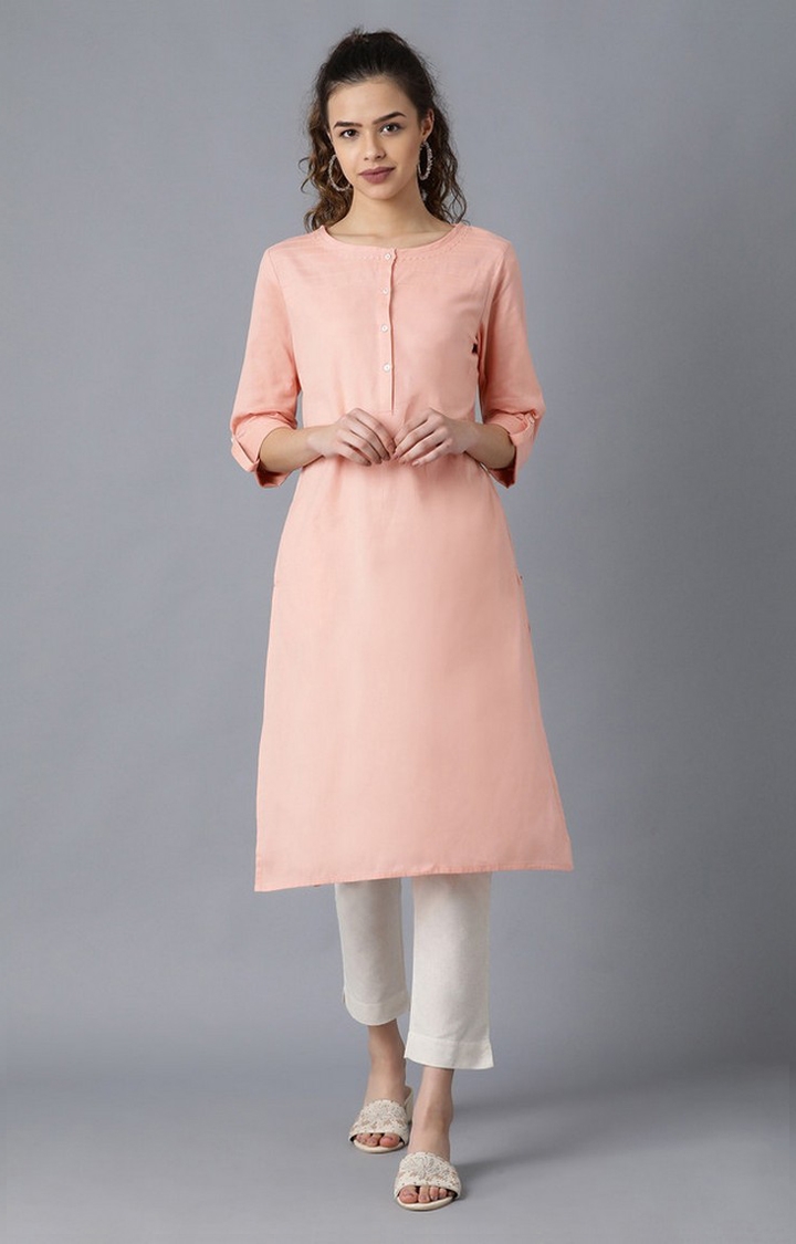 W | Women's Pink Cotton Blend Solid Kurtas 0