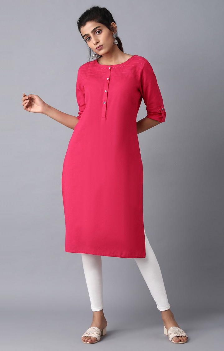 W | Women's Pink Cotton Blend Solid Kurtas 0