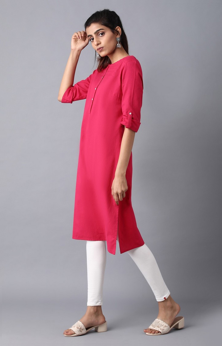 W | Women's Pink Cotton Blend Solid Kurtas 1