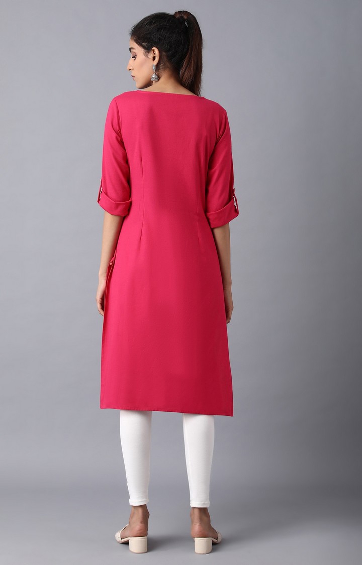 W | Women's Pink Cotton Blend Solid Kurtas 3