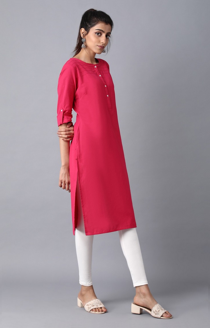 W | Women's Pink Cotton Blend Solid Kurtas 2