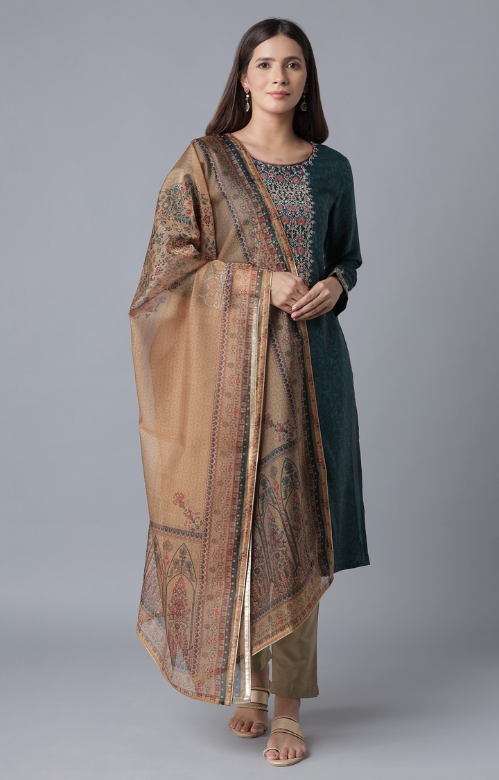 Wishful by W Mustard Floral Print Organza Dupatta