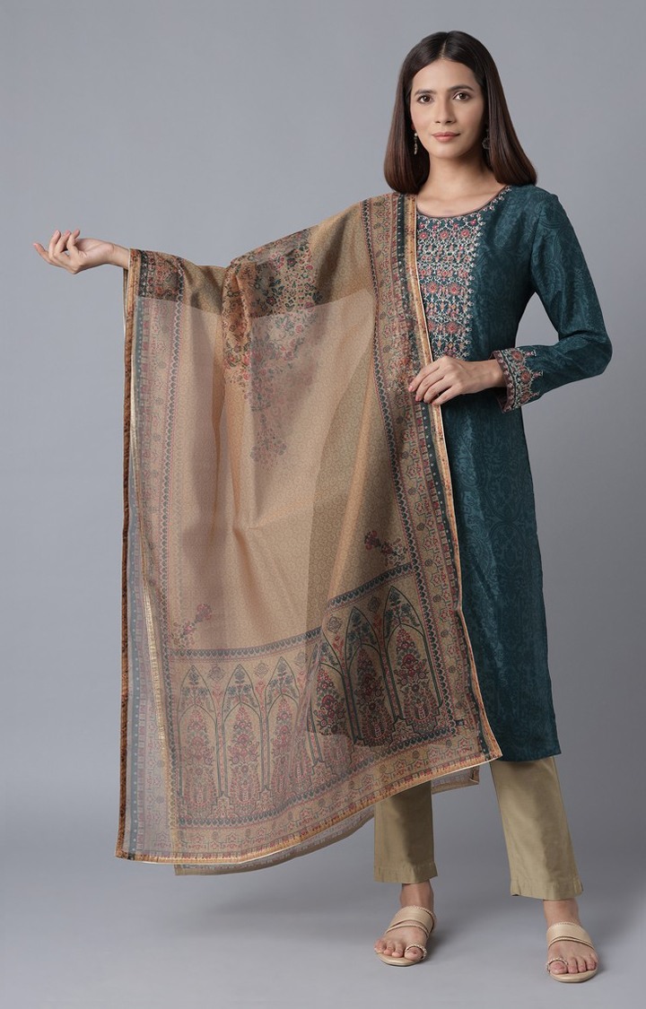 Wishful by W Mustard Floral Print Organza Dupatta