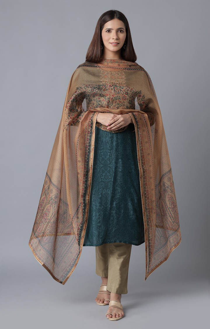 Wishful by W Mustard Floral Print Organza Dupatta
