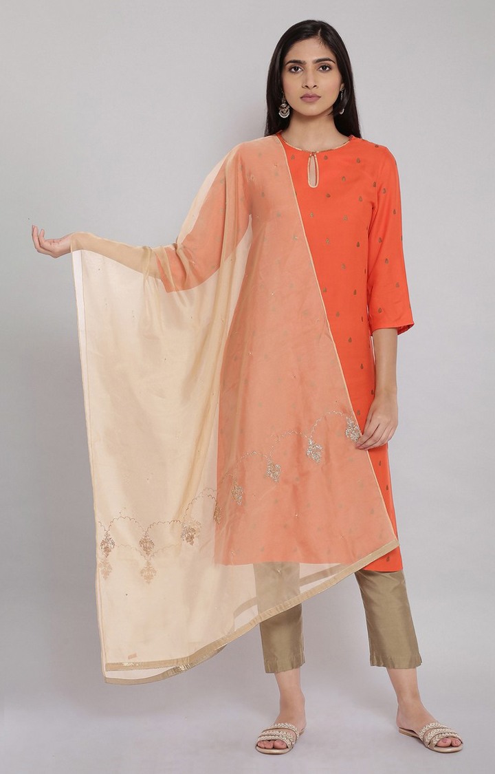 Gold Floral Printed Rectangular Woven Dupatta