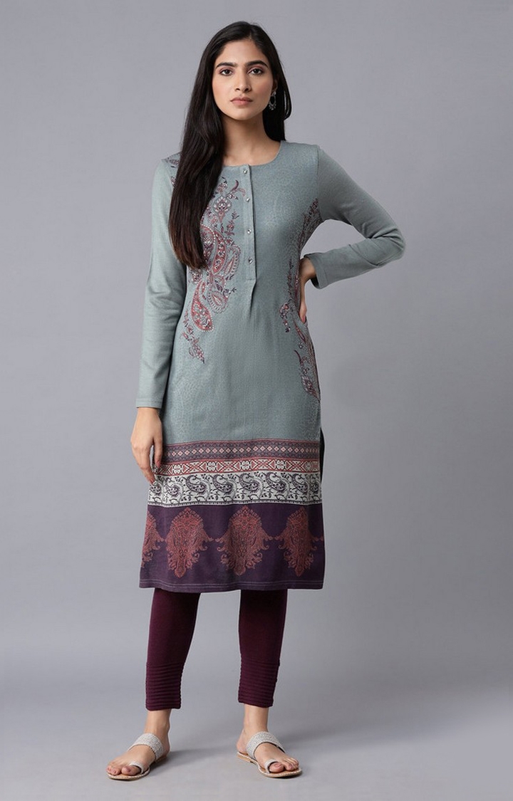 Buy Green Round Neck Solid Winter Kurta Online - W for Woman