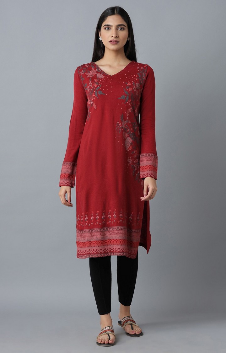 Women s Red Acrylic Floral Kurtas