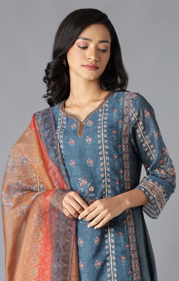 W | Women's Blue Polyester Floral Ethnic Suit Sets 3