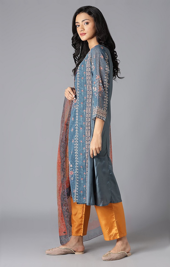 W | Women's Blue Polyester Floral Ethnic Suit Sets 1