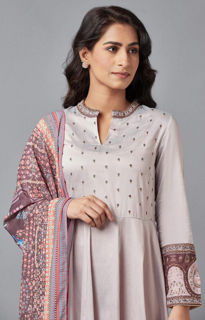 Wishful By W Purple Mughal Gown With Brown Printed Dupatta