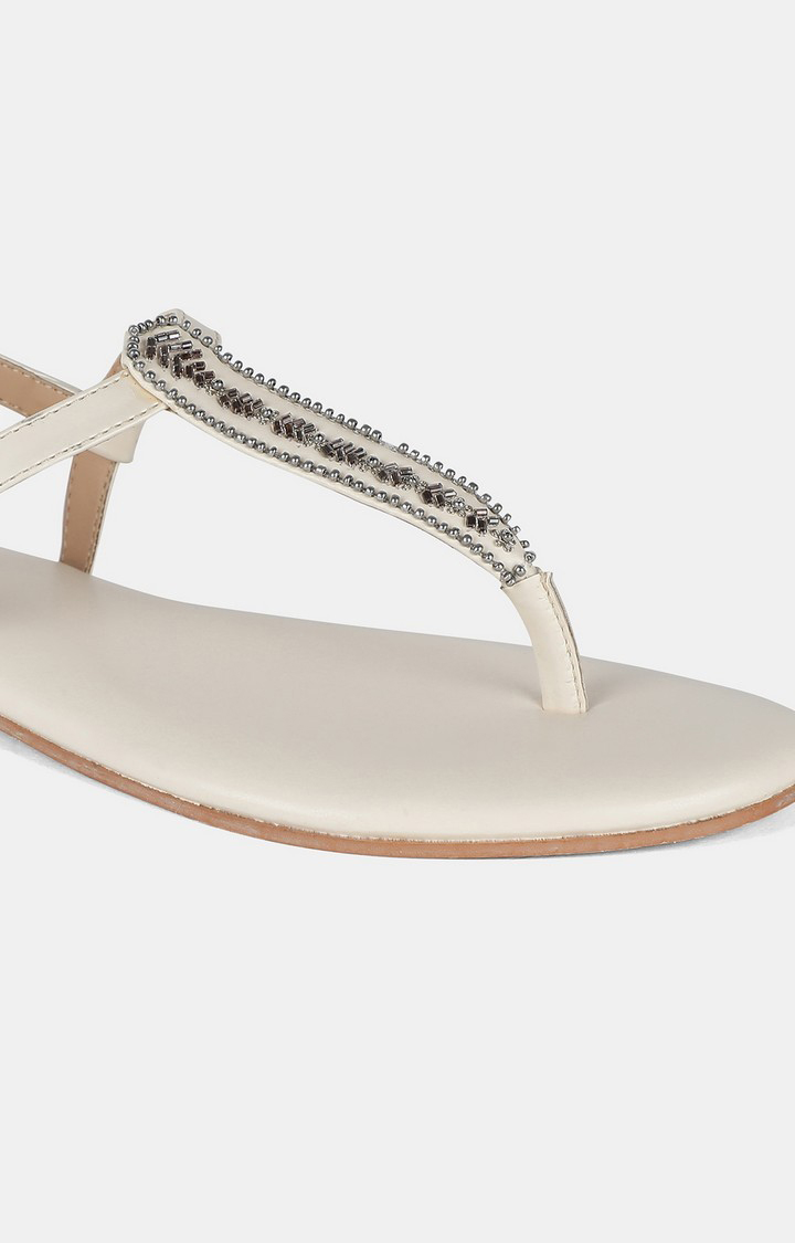 W Off White Embroidered Round Toe Flat