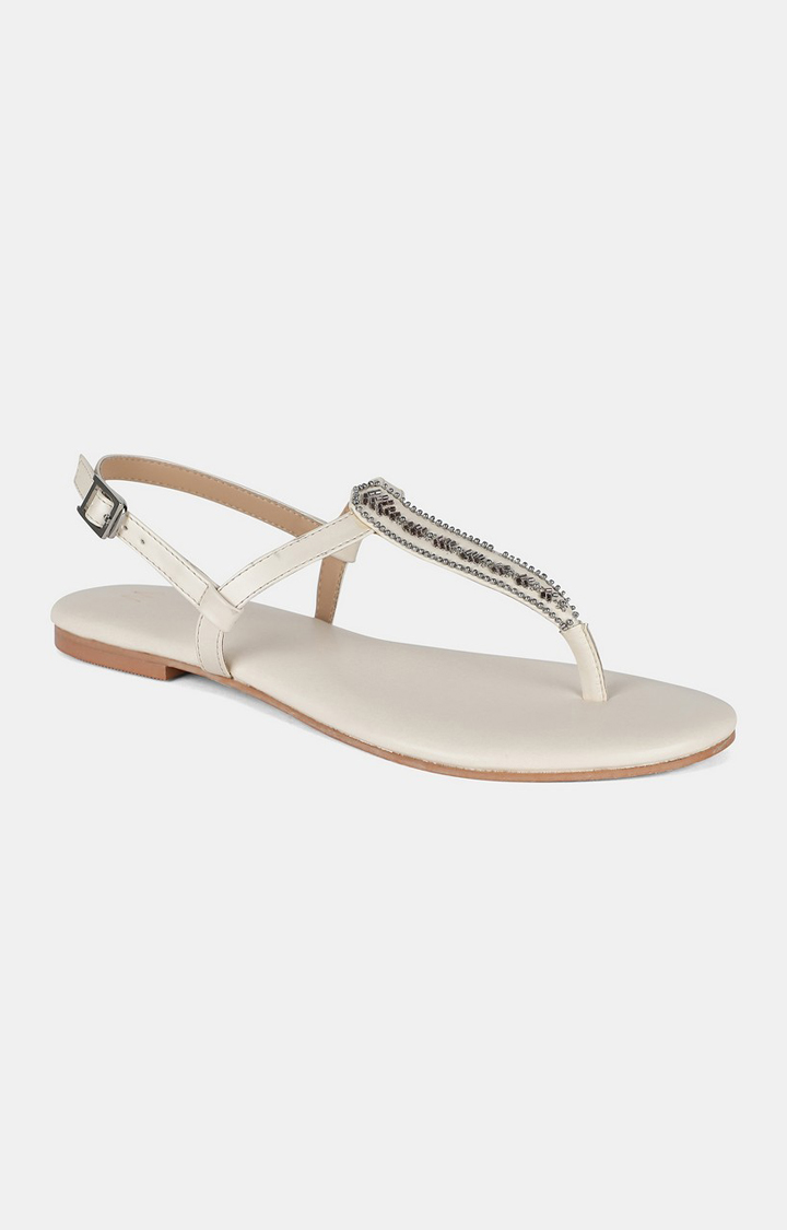 W Off White Embroidered Round Toe Flat