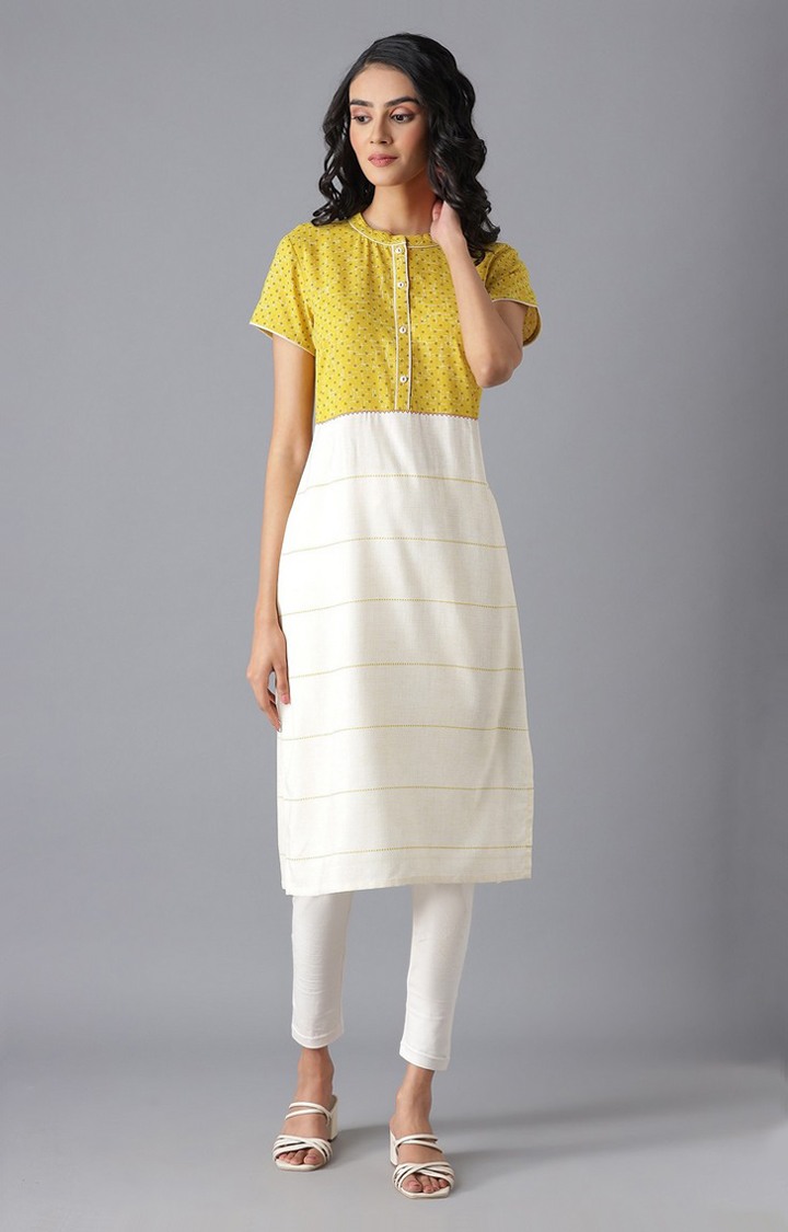 Women Yellow Calf Length Three-Quarter Sleeves A-Line Solid Solid Viscose Rayon Embroided Kurta