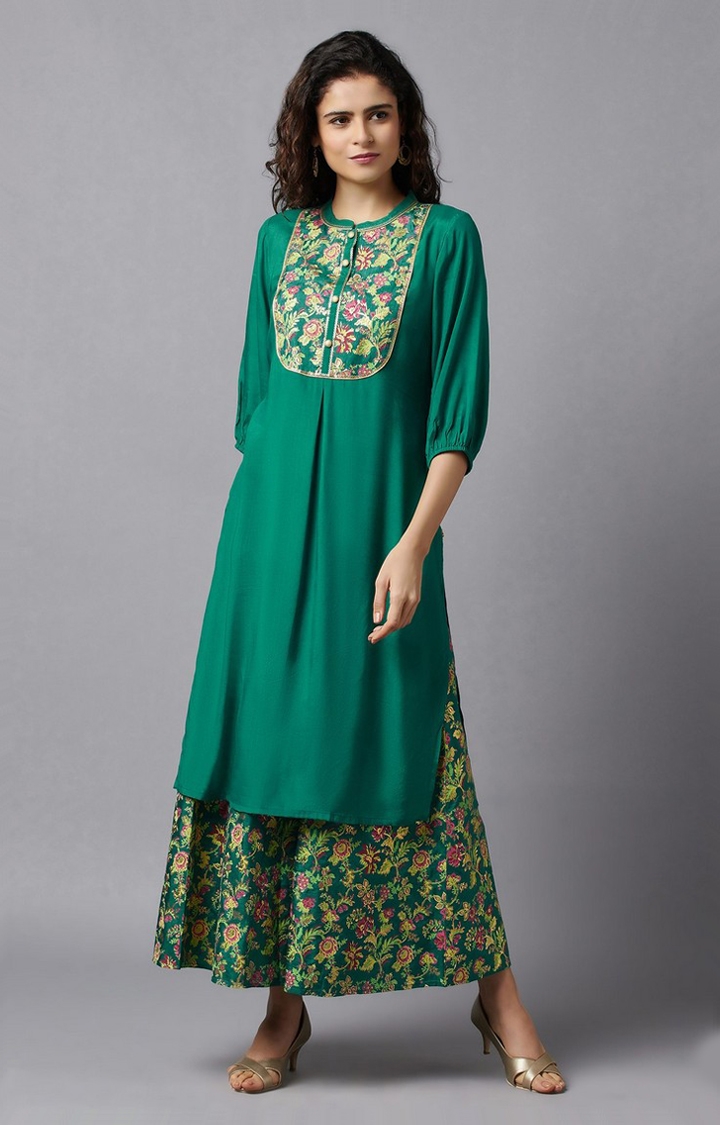 Aurelia | Women's Green Polyester Floral Palazzo & Kurta 0