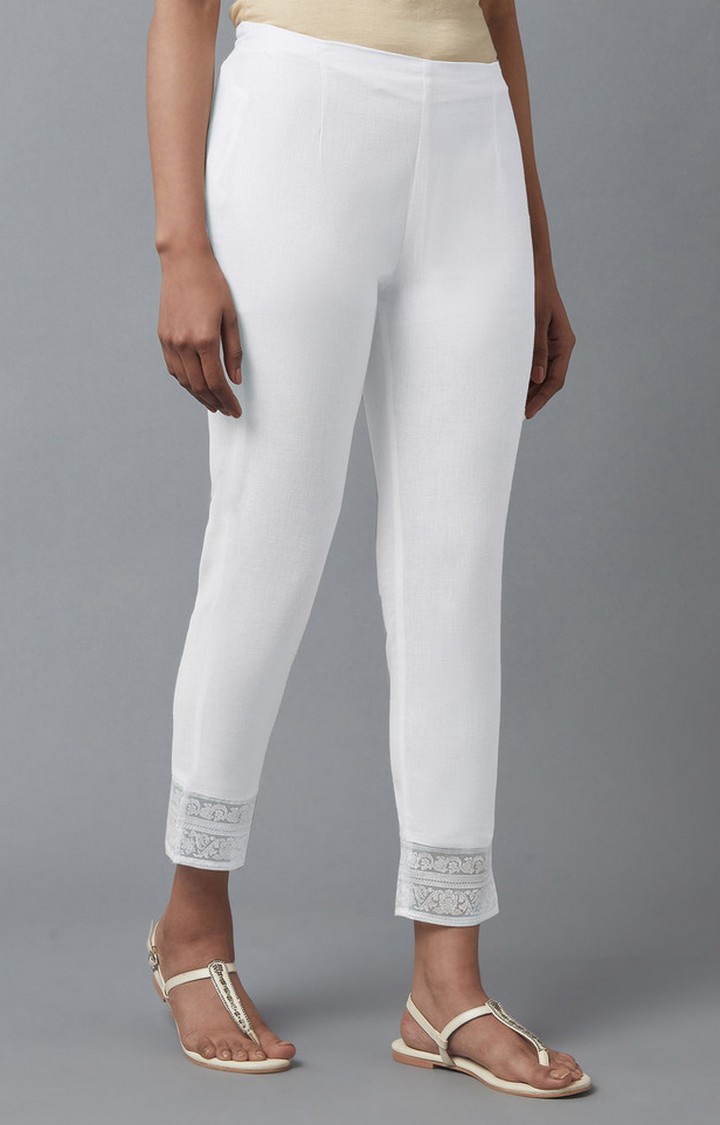 W | Women's White Cotton Blend Solid Trousers 3