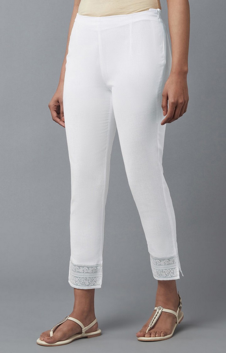W | Women's White Cotton Blend Solid Trousers 2