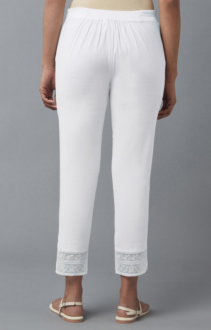 W | Women's White Cotton Blend Solid Trousers 4