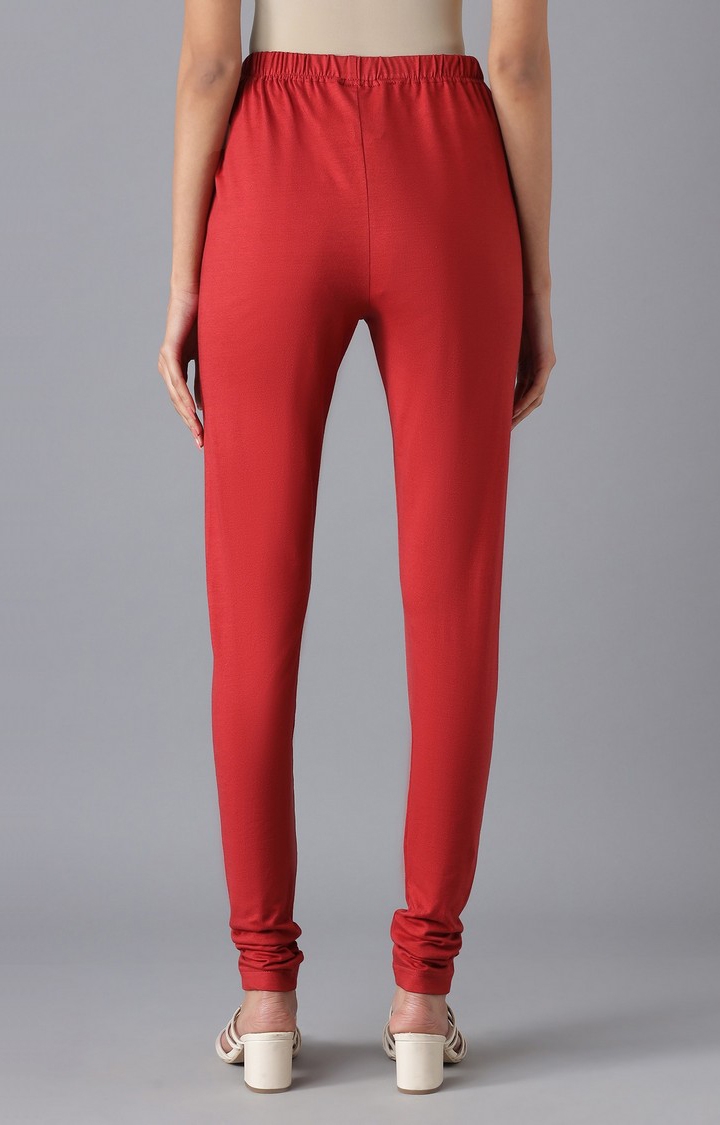 Women's Red Cotton Blend Solid Leggings