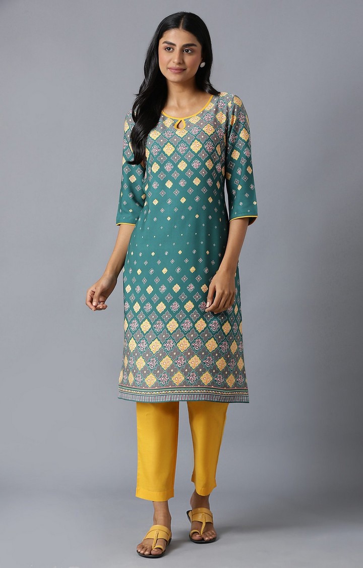 Women's Green Polyester Printed Kurta & Pants