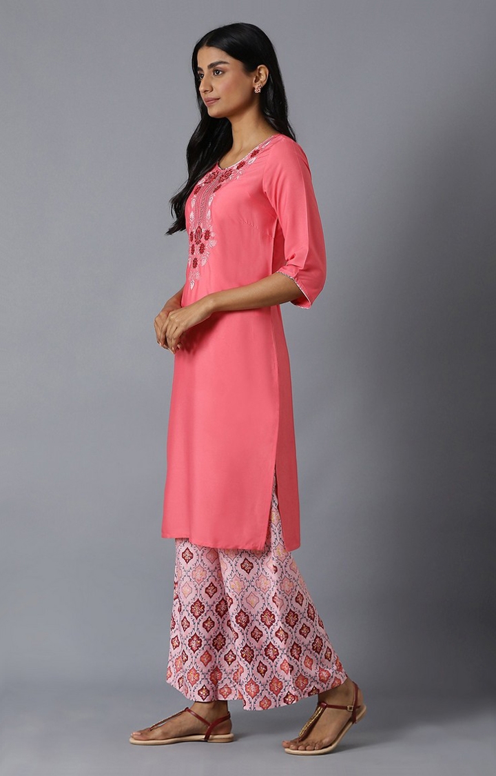 Aurelia | Women's Pink Polyester Solid Kurta & Pants 1