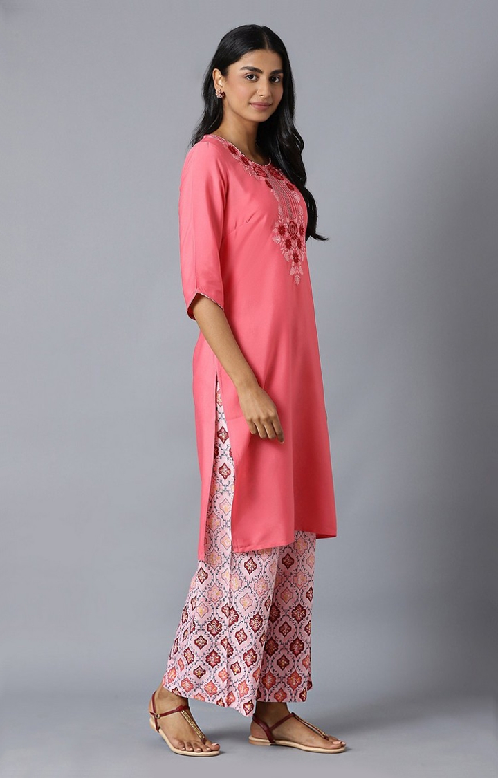 Aurelia | Women's Pink Polyester Solid Kurta & Pants 2