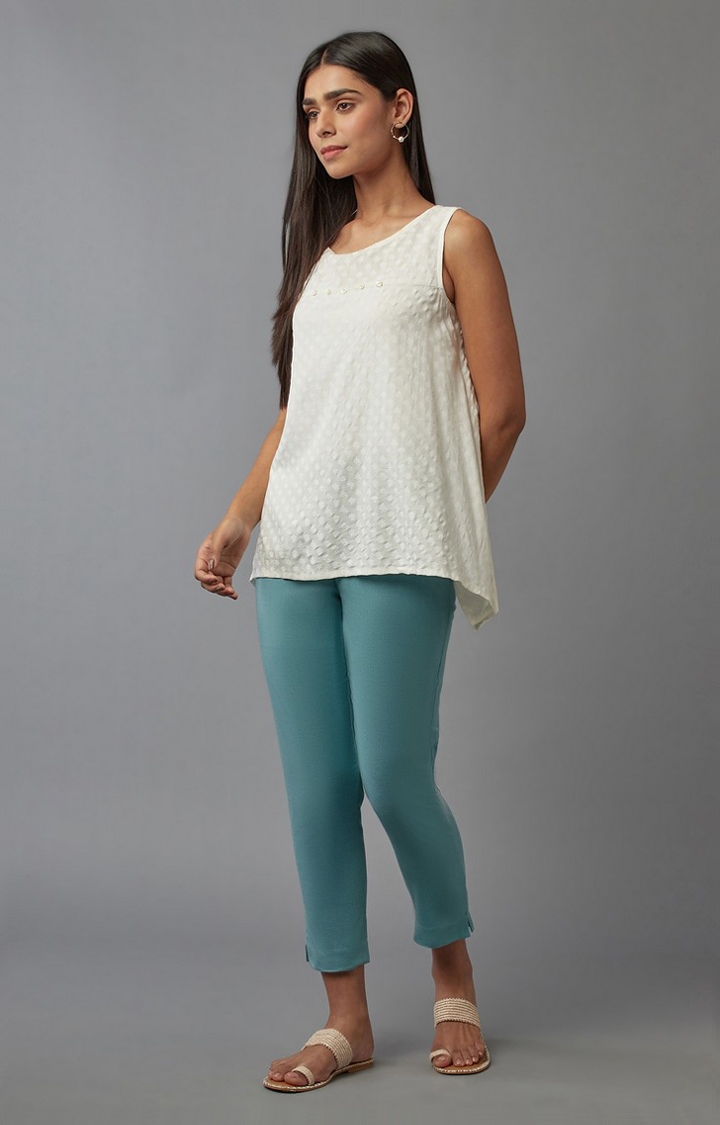 W | Women's Blue Cotton Blend Solid Casual Pants 1