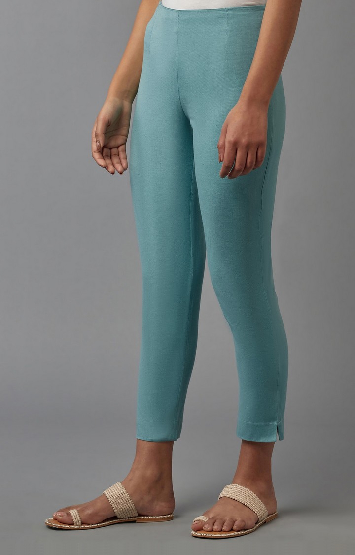 W | Women's Blue Cotton Blend Solid Casual Pants 2