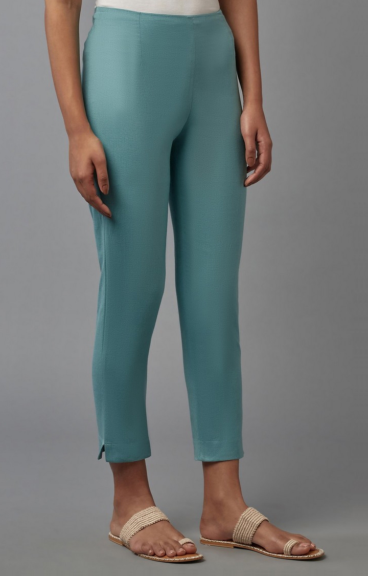 W | Women's Blue Cotton Blend Solid Casual Pants 3