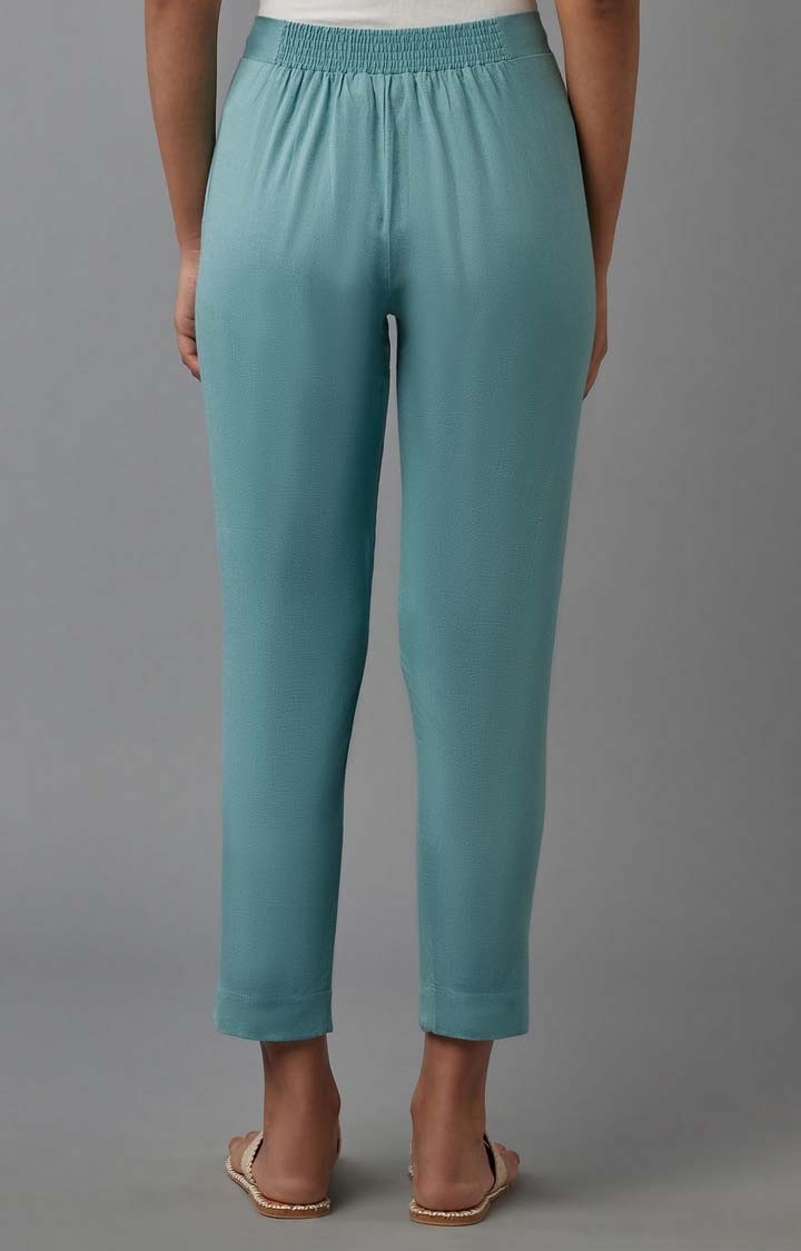 W | Women's Blue Cotton Blend Solid Casual Pants 4