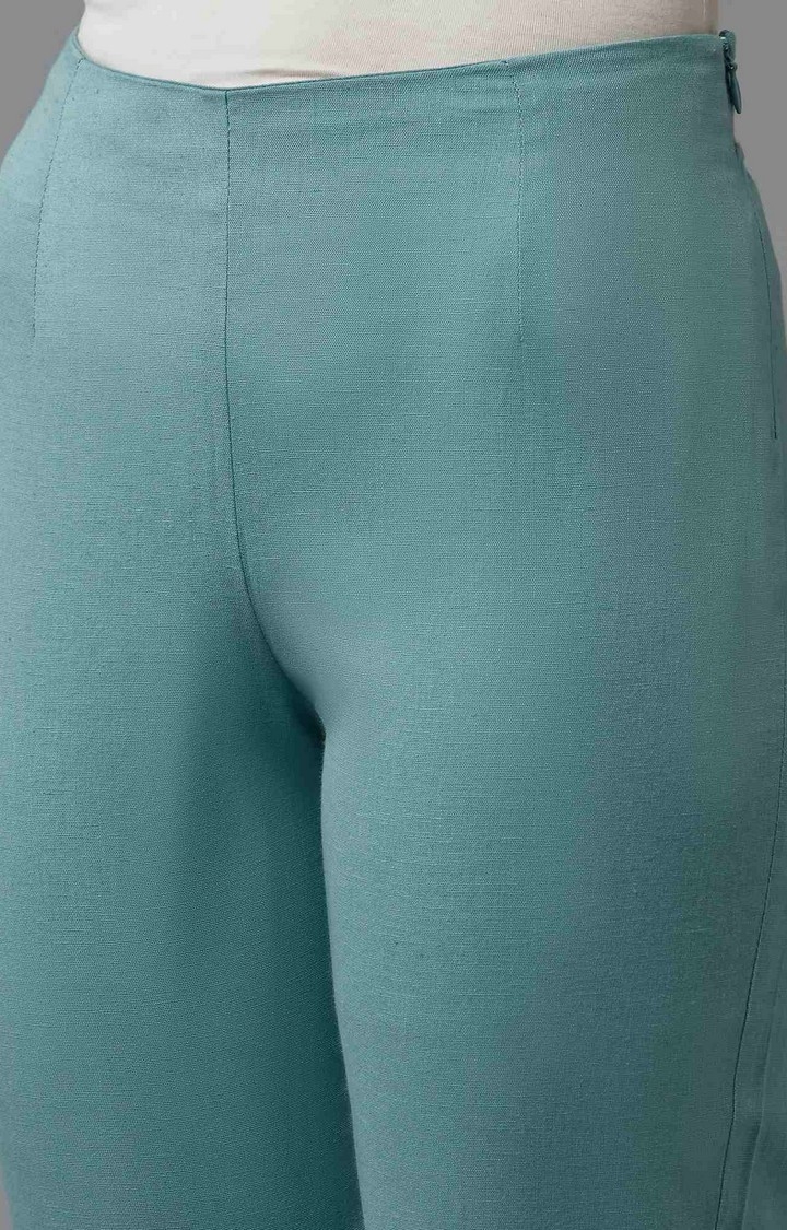 W | Women's Blue Cotton Blend Solid Casual Pants 5