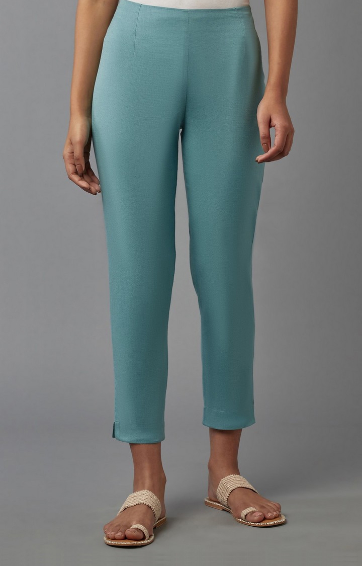 W | Women's Blue Cotton Blend Solid Casual Pants 0