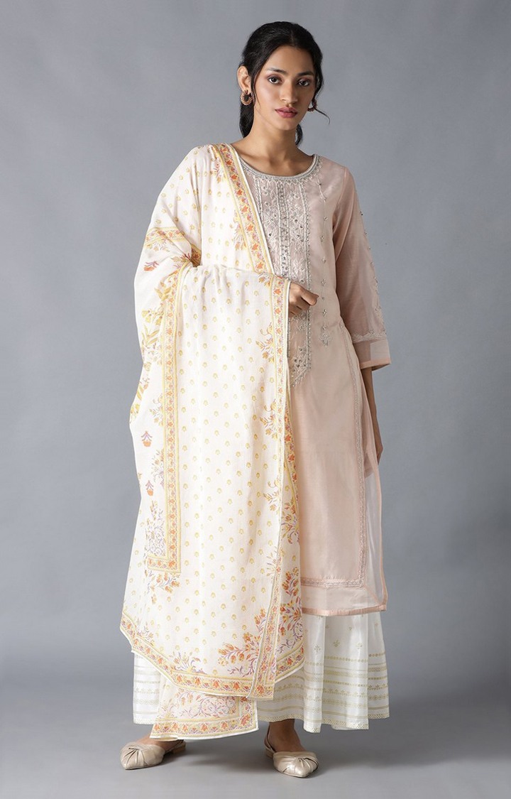Wishful by W Pink Mock Layered Embroidered Palazzo, Kurta & Dupatta