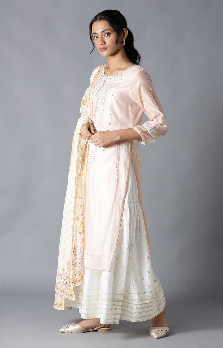 Wishful by W Pink Mock Layered Embroidered Palazzo, Kurta & Dupatta