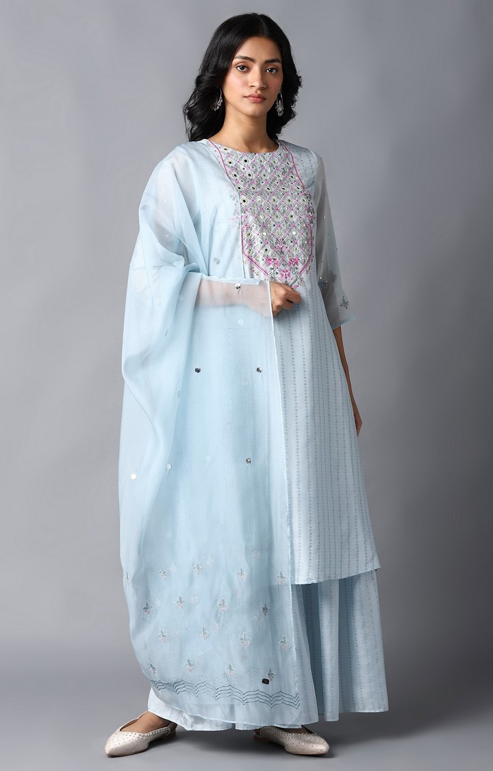W | Women's Blue Polyester Floral Ethnic Suit Sets 0