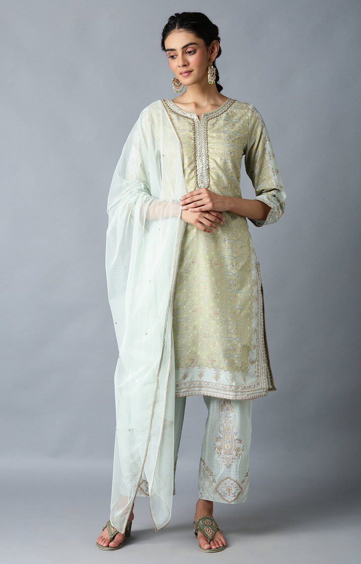 W | Women's Green Polyester Floral Ethnic Suit Sets 0