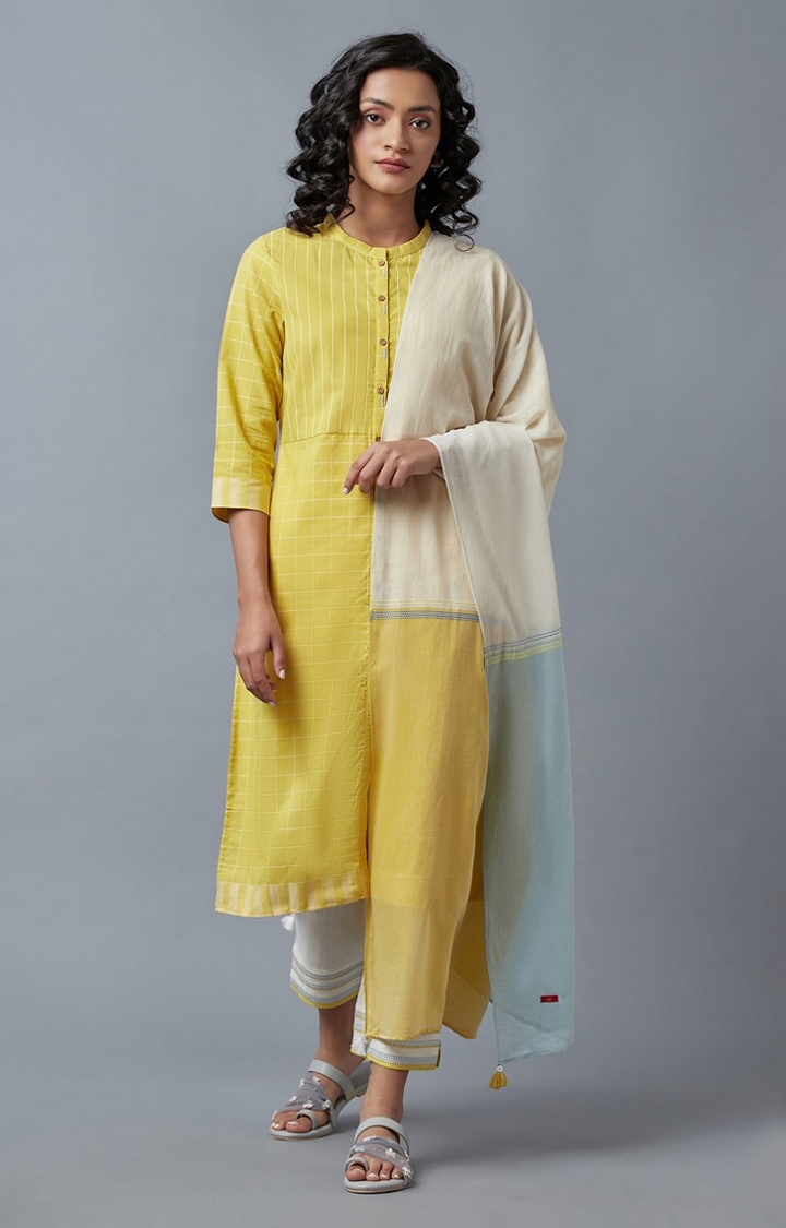 W | Women's Yellow Cotton Geometrical Ethnic Suit Sets 0