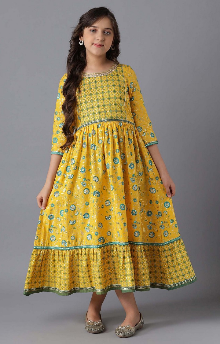Aurelia | Yellow Cotton Girls Ethnic Gown 0
