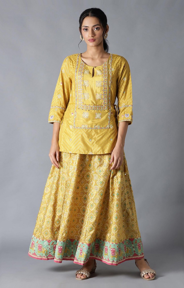 Shop Yellow Kimono Kaftan & Drape Skirt Set by AAKAAR at House of Designers  – HOUSE OF DESIGNERS