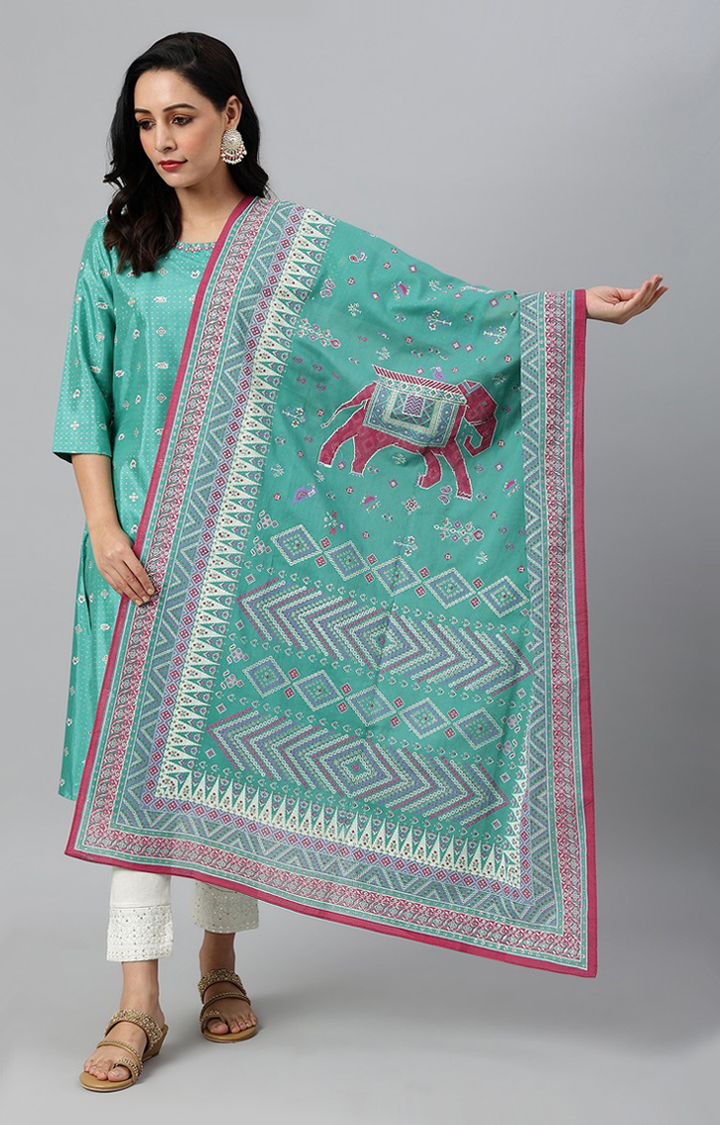 W Green Voile Printed Dupatta