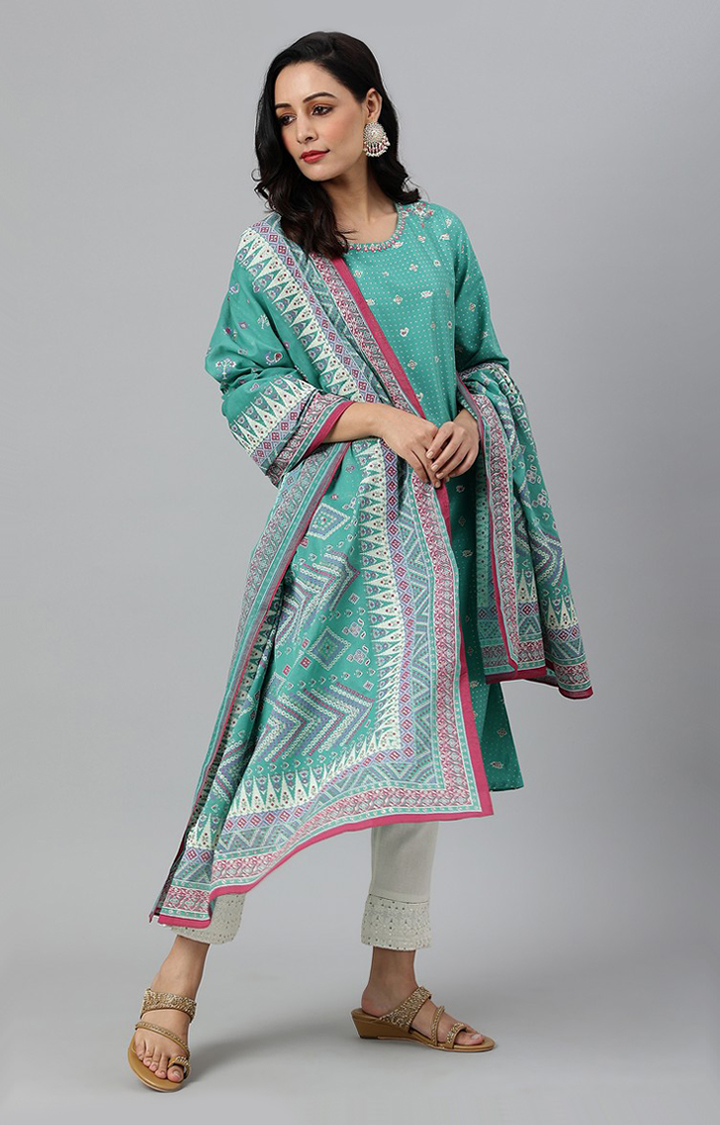 W Green Voile Printed Dupatta