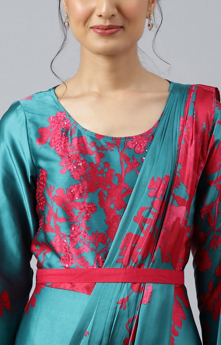 Wishful by W Dark Pink And Gree Satin Predape Saree Dress