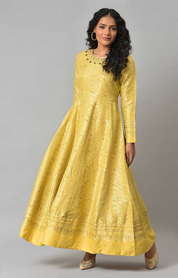 Wishful by W Yellow Paisley Printed Anarkali Indie Gowns