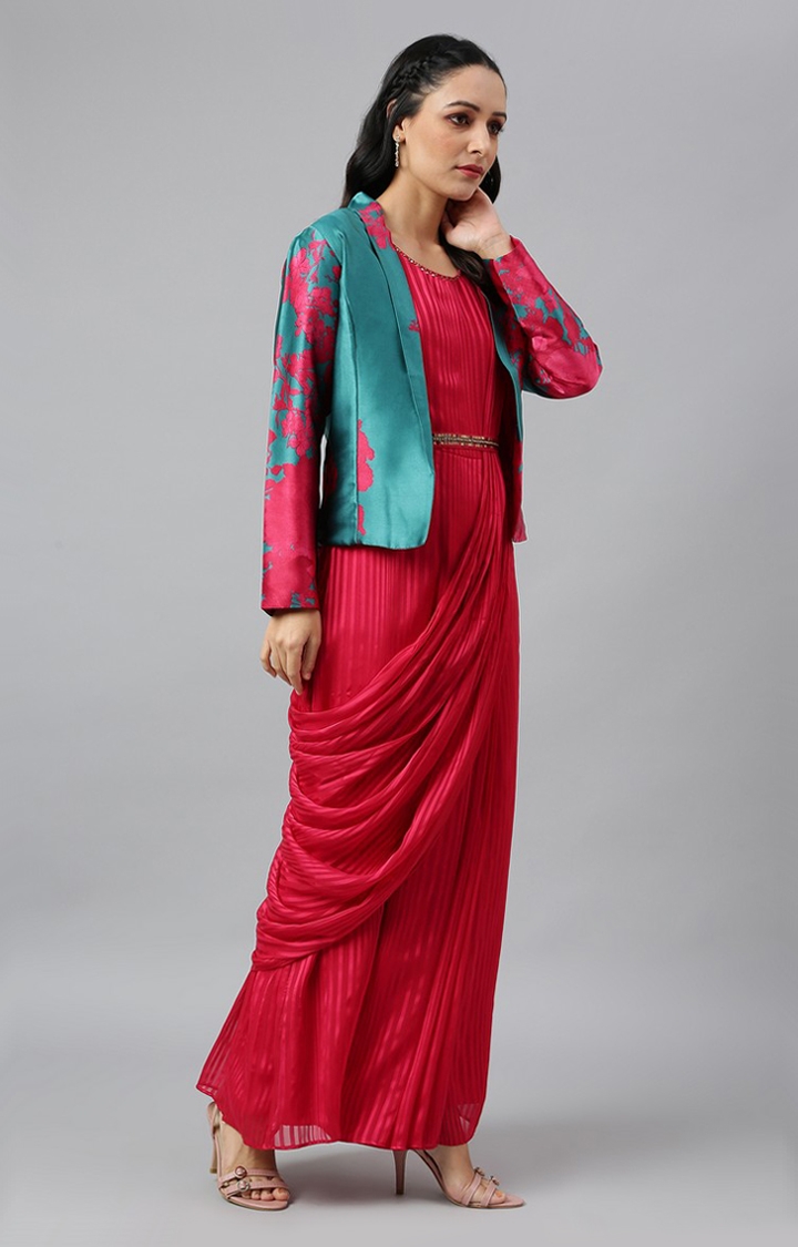 W | Wishful by W Coral Red Sleeveless Predrape Saree Dress with Belt and Tailored Jacket Set 4