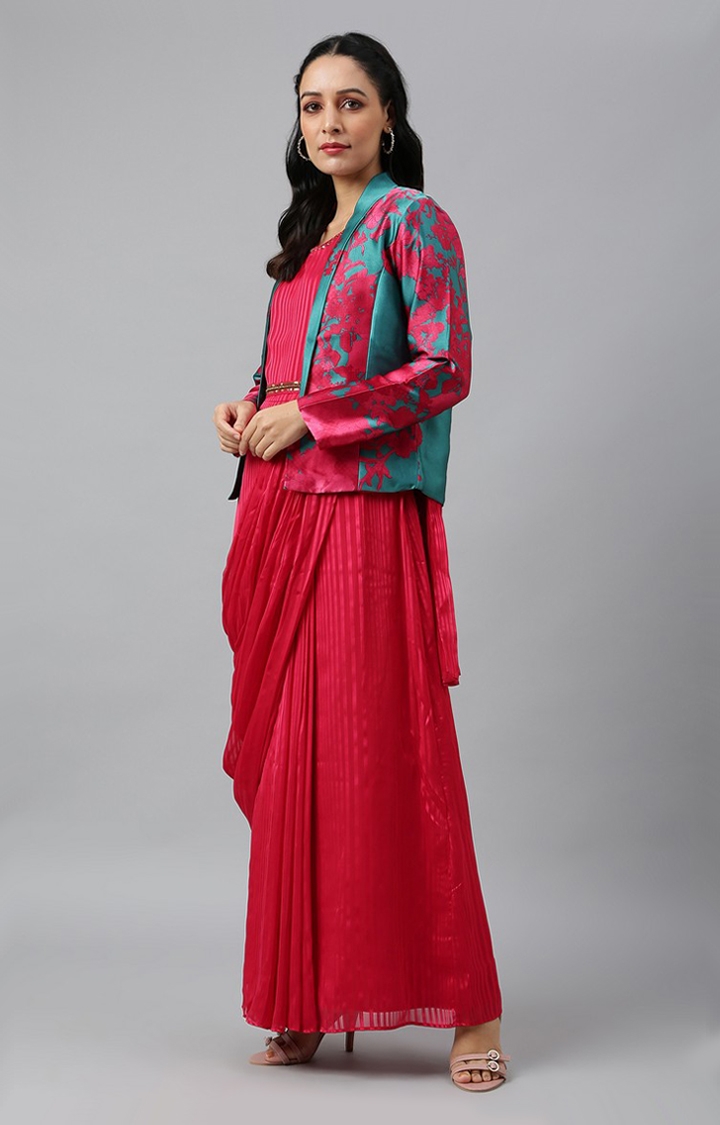 W | Wishful by W Coral Red Sleeveless Predrape Saree Dress with Belt and Tailored Jacket Set 2