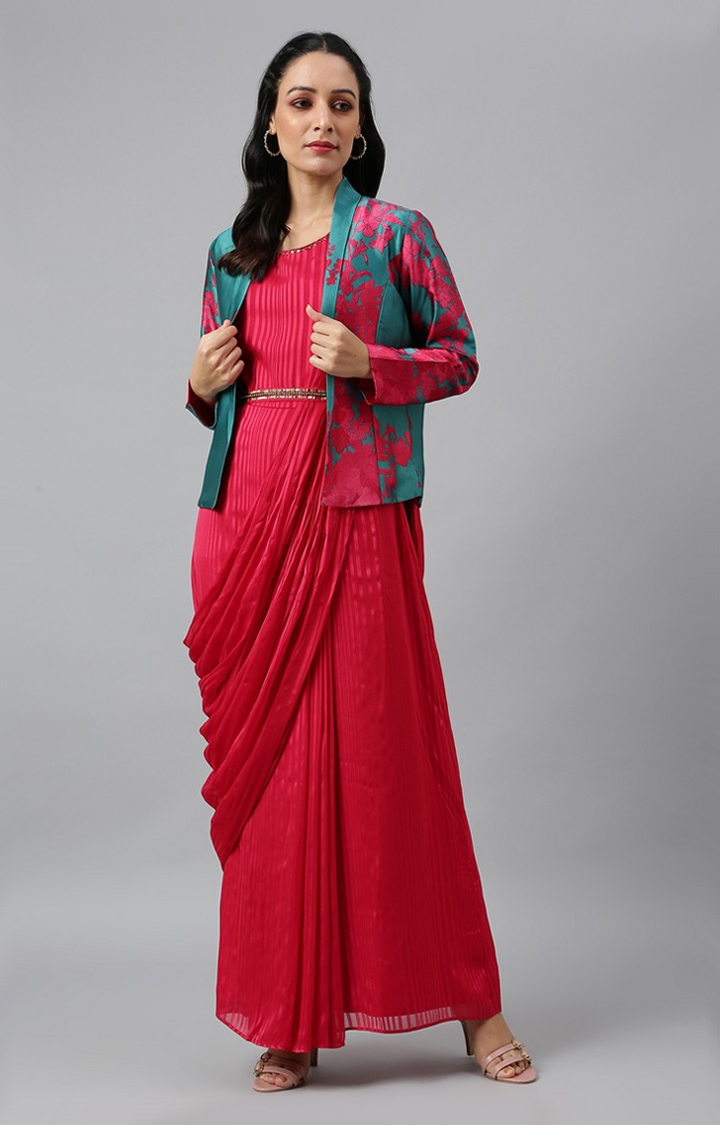 W | Wishful by W Coral Red Sleeveless Predrape Saree Dress with Belt and Tailored Jacket Set 3