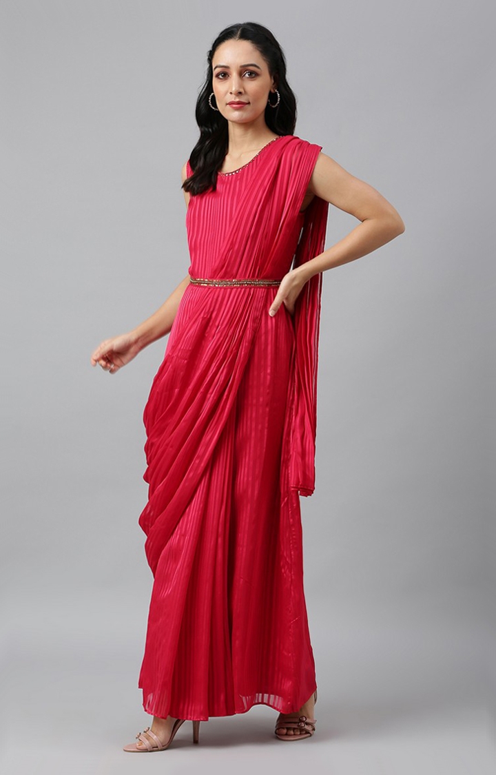 W | Wishful by W Coral Red Sleeveless Predrape Saree Dress with Belt and Tailored Jacket Set 1
