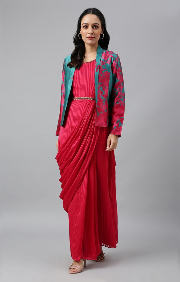 W | Wishful by W Coral Red Sleeveless Predrape Saree Dress with Belt and Tailored Jacket Set 0