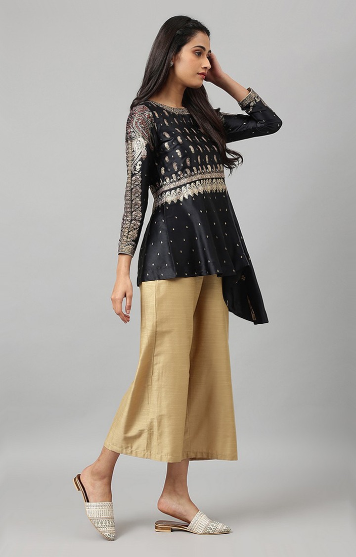 W Black Satin Embellished Top with Skirt and Dupatta