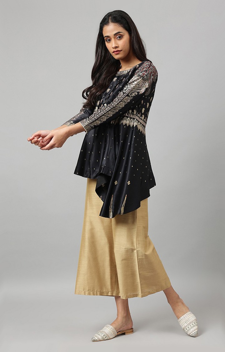 W Black Satin Embellished Top with Skirt and Dupatta