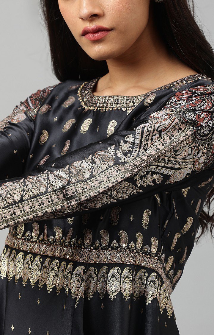 W Black Satin Embellished Top with Skirt and Dupatta